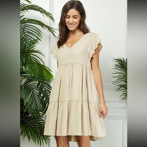 Tencel khaki tiered dress with side pockets!